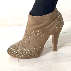 Faux Suede Ankle Boots with Studs - Beige - Size 35